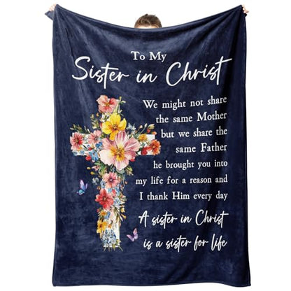 Christian Gifts for Women, Sister in Christ Floral Cross Blanket - color: Navy Blue