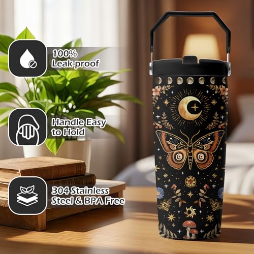Hiboss Witchy Gifts for Women, Goth Butterfly Tumbler with Handle and Flip Straw 28oz, Insulated Stainless Steel Gothic Moth Moon Floral Travel Coffee Cup Mug - color: Butterfly - 02