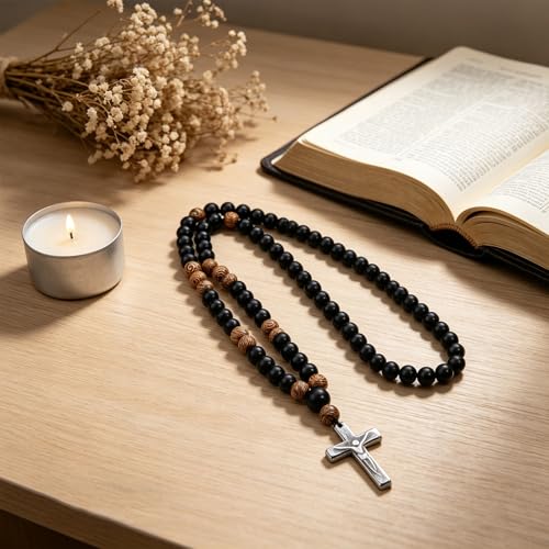 Black Onyx Glass Beads Men's Tiger Eye Stone Bead Necklace - color: Cross Pendant