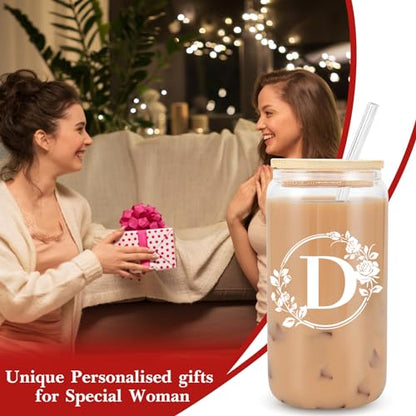 Birthday Gifts for Women, Monogrammed Initial Glass Cup Personalized Gifts for Women, 16oz Glass Cups with Lids and Straws, Iced Coffee Cup, Beer Can Shaped Glass - Gifts for Mothers Day, Christmas, D - style: D
