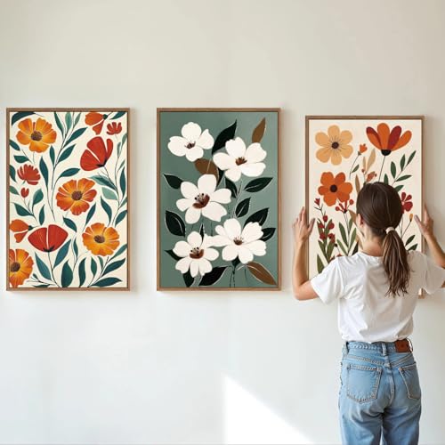KaiWithYuan Vintage Floral Framed Canvas Wall Art, Boho Burnt Orange Flower Wall Decor, White Wild Flower Art Paintings, Retro Cozy Farmhouse Botanical Artwork for Bedroom Living Room Office 16"x24"x3 - color: Boho Vintage floral