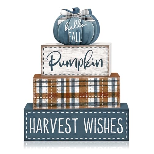 Britimes Fall Farmhouse Tiered Tray Decor Set, 4 Pack, Wooden - color: Blue Pumpkin