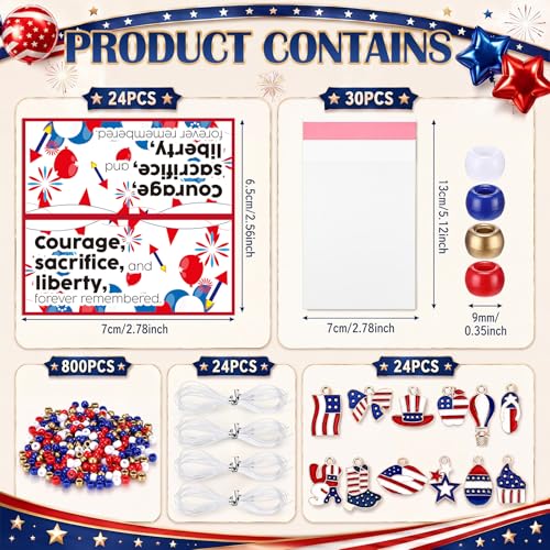 Soulchen 902 Pcs/24 Sets 4th of July Beads Bracelets Craft Kit Patriotic - style: 4th of July