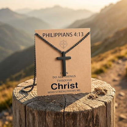 Stainless Steel Cross Necklace for Men, Philippians 4:13/Joshua 1:9/Isaiah 41:10 Scripture Pendant - Religious Baptism & Confirmation Gift for Husband,Teens 13+,Him - style: Philippians 4:13