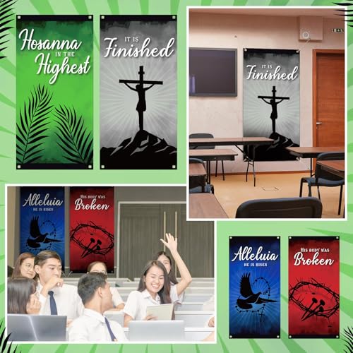 Sayglossy 6 Pcs Easter Church Banners for Sanctuary 6 x 3 ft Church Banners with Scripture Religious Empty Tomb He is Risen Hanging Backdrop Signs for Indoor Easter Holy Week Christian Event