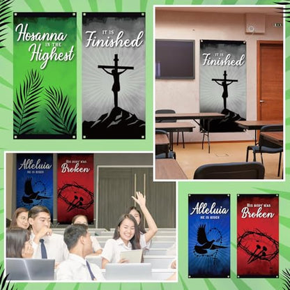 Sayglossy 6 Pcs Easter Church Banners for Sanctuary 6 x 3 ft Church Banners with Scripture Religious Empty Tomb He is Risen Hanging Backdrop Signs for Indoor Easter Holy Week Christian Event