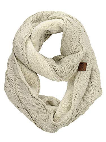 C.C Women's Winter Cable Knit Sherpa Lined Warm Infinity Pullover Scarf - color: Beige