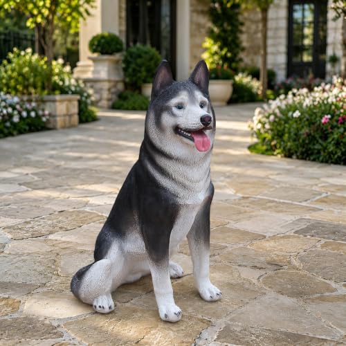 Realistic Large Siberian Husky Dog Garden Statue, Finely Sculpted Lifelike Gray and White Sitting Dog Figurine, Weather-Resistant Outdoor Sculpture for Yard, Lawn and Pet Memorial Gift - color: Siberian Husky Happy Sitting