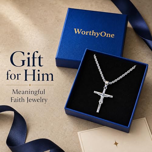 Mens Cross Necklace, 18K Gold Plated Crucifix Pendant - color: Silver