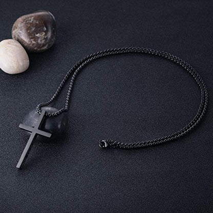 Stainless Steel Cross Pendant Necklaces for Men Women 24 Inch Chain - color: Black