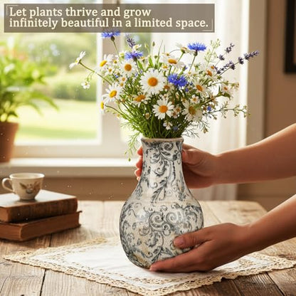 LemonRoad Vintage Ceramic Flower Vase 5.7 Inch Chinoiserie Ice Cracked Glaze Porcelain Vase Rustic Ceramic Large Centerpieces for Home Table Living Room Bookshelf Office(Vine Style) - style: Vine Style