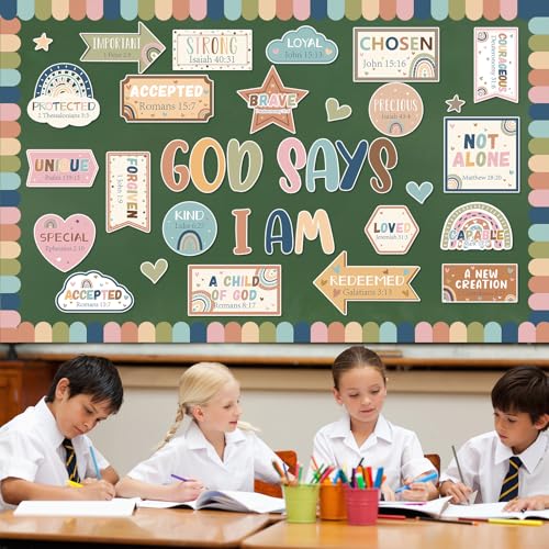 Christian Bulletin Board Decorations Classroom Motivational Bulletin Board for Welcome Back Boho Rainbow God Says I Am Cutout Inspirational Religious Wall Decors for Sunday School Home Church Supplies