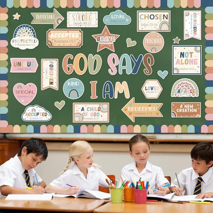 Christian Bulletin Board Decorations Classroom Motivational Bulletin Board for Welcome Back Boho Rainbow God Says I Am Cutout Inspirational Religious Wall Decors for Sunday School Home Church Supplies