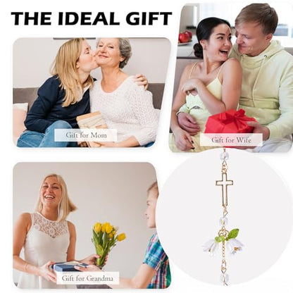 Cross Crystal Car Charm Lily Flower Beaded Mirror Hanging - style: Cross