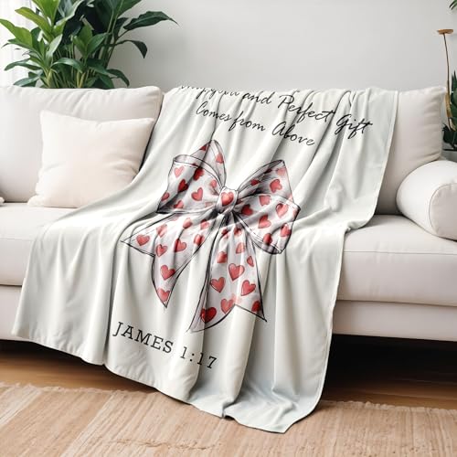 Coquette Christian Valentine's Day Heart Bow Blanket, Christian Gifts for Women Men, Neutral Religious Bible Verse Bow Throw Blankets for Home Bedroom Living Room Couch Sofa, 50x60 Inches - color: Heart Bow