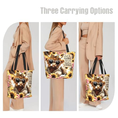 Christian Gifts Reusable Shopping Tote Bag Zippered Inspirational Tote Bags for Women Bible Verse Shoulder Bag - color: Highland Cow