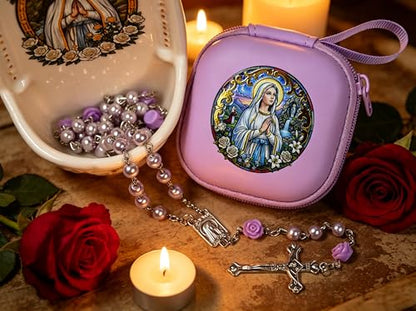Handmade Rosary Beads for Women, Elegant Catholic Gifts for First Communion, Confirmation & Spiritual Prayer, Unique Beaded Rosary Necklace with Zippered Case - color: Light Purple - Our Lady of Lourdes