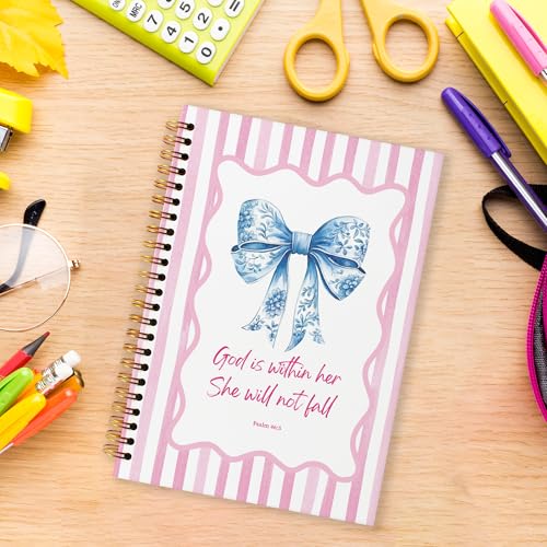 Grace Yonks Cute Pink and Blue Bow Bibles Journal Notebook, A5 Christian Spiral Notebook, Aesthetic Composition Book for Girls, Preppy School Supplies, 5.8" x 8.3" with 80 Pages(006)