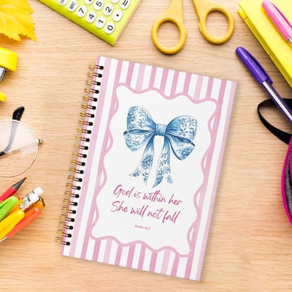 Grace Yonks Cute Pink and Blue Bow Bibles Journal Notebook, A5 Christian Spiral Notebook, Aesthetic Composition Book for Girls, Preppy School Supplies, 5.8" x 8.3" with 80 Pages(006)