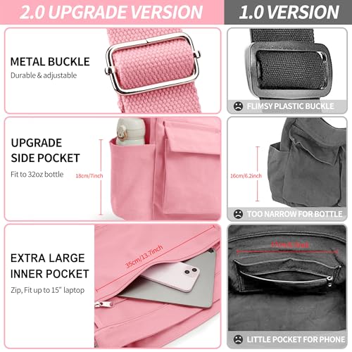 KALIDI Canvas Tote Bag Zipper Large Crossbody Shoulder Bag Messenger Bag - color: Upgraded Pink
