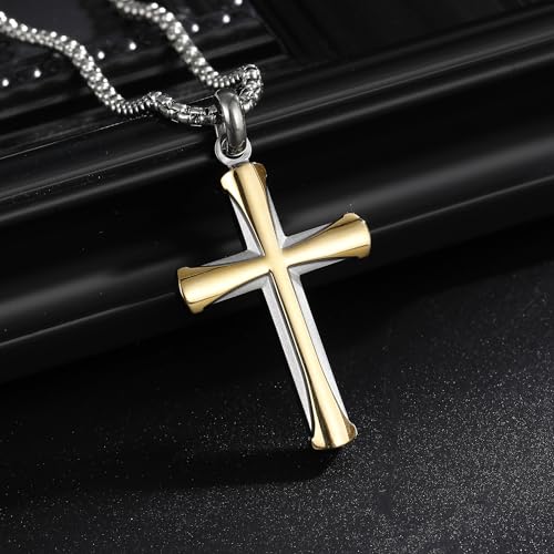 Stainless Steel Cross Necklace for Men with Adjustable Box Chain Christian Cross neckalce Gift - color: Silver-Gold