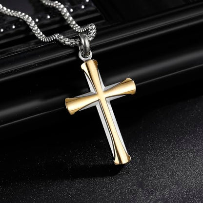 Stainless Steel Cross Necklace for Men with Adjustable Box Chain Christian Cross neckalce Gift - color: Silver-Gold