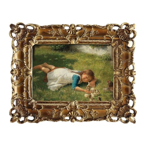 FOLKOR Framed Canvas Wall Art with Vintage Gold 5x7 Frame, Victorian Pastoral Gallery Wall Art Prints for Dining Room Garden Bedroom Decoration (Playing with Chicks) - color: Playing with the Chicks, size: 5x7"