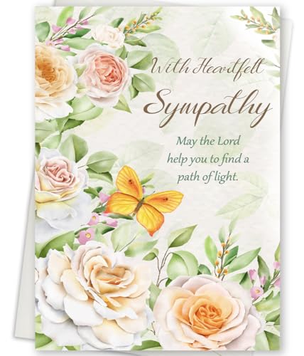 Sympathy Card with Heartfelt Message – Christian Condolence Card for Loss of Loved One, Religious Bereavement Card with Flowers & Butterfly, Comforting Memorial Card - style: Card-243