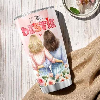 Best Friend Birthday Gift for Women, To My Bestie Quote Design, 20oz Stainless Steel Tumbler with Floral Art, Friendship Present for BFF, Valentine, Christmas, Galentines Day - color: Best Friend
