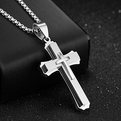 OLEVS Men's Cross Pendant Necklace Large Stainless Steel Cross Pendant Necklace for Men Women - color: silver-all