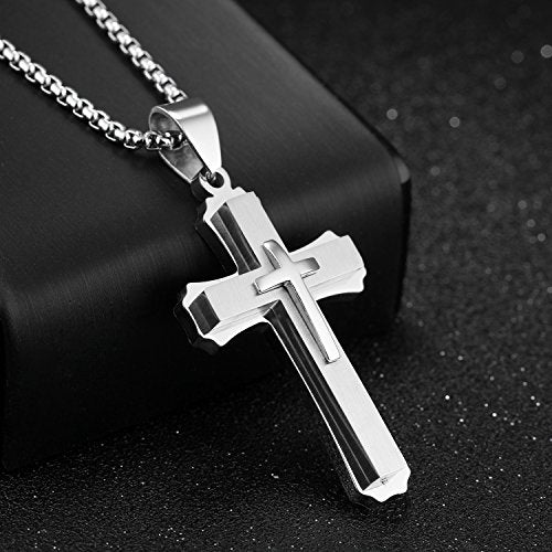 OLEVS Men's Cross Pendant Necklace Large Stainless Steel Cross Pendant Necklace for Men Women - color: silver-all