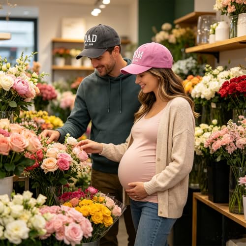 2PCS Dad and Mom EST 2026 Hats for Men Women, New Parents Gifts Cap - color: Pink Black