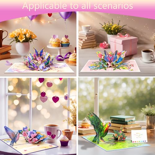 Magic Ants Pop Up Card Set for Women – 4 Pack 3D Greeting Cards with Butterflies, Flowers & Parrot – Birthday, Thank You, Get Well, Sympathy, Concelence, All Occasion – Includes 4 Envelopes & 4 Blank Notecards - color: Hummingbird Floral Butterfly Parrot