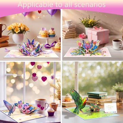 Magic Ants Pop Up Card Set for Women – 4 Pack 3D Greeting Cards with Butterflies, Flowers & Parrot – Birthday, Thank You, Get Well, Sympathy, Concelence, All Occasion – Includes 4 Envelopes & 4 Blank Notecards - color: Hummingbird Floral Butterfly Parrot