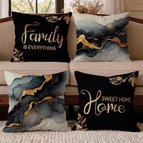 OBSEDE Black Gold Marble Sweet Home Throw Pillow Covers 18 x 18 Set of 4 - color: Black Gold Marble Sweet Home, size: 18" x 18" (Pack of 4)