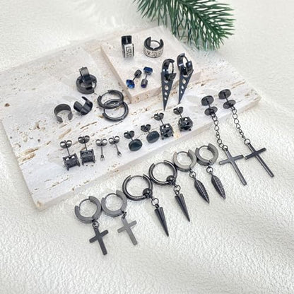 14 Pairs Earrings for Men and Women - Black Stud, Hoop, Cross, and Dangling Earrings Set - Stainless Steel Ear Cuffs Piercing Jewelry - color: Black