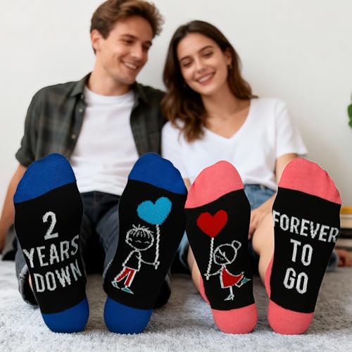 2nd Anniversary Couple Socks Gift – 2 Pairs of Matching Socks, 2 Year Anniversary Card & Gift Box, Cotton Anniversary Set for Couples, Him, Her, Husband, Wife