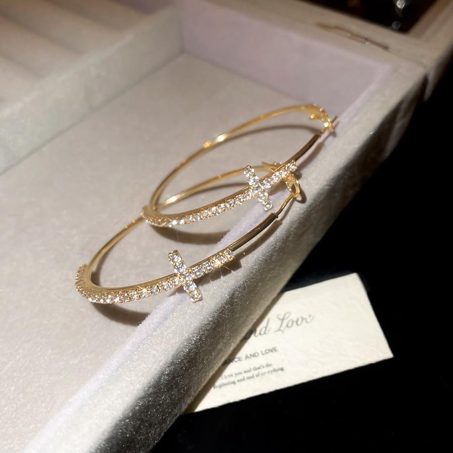 Cross Hoop Earrings for Women Trendy Large Cross Rhinestone Sparkly Hoop Earings Prom Wedding Party Formal Jewelry - color: gold E3