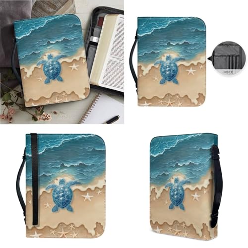 Beach Blue Turtle Starfish Print PU Leather Bible Cover Church Bible Bag with Bookmarks Book Covers Carrying Bible Case with Zippered Pockets for Prayer, 2XL - color: Beach Blue Turtle Starfish, size: XX-Large