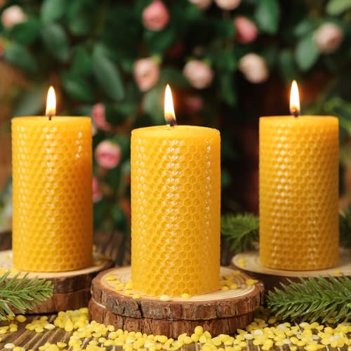 Beeswax Pillar Candles,Non-Toxic Honeycomb Bees Wax Candle for Home,Yellow - color: 2x4in, size: 3pcs