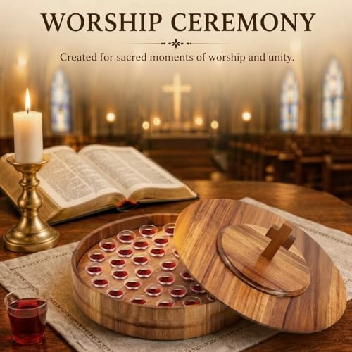 Zhehao 1 Set Wood Communion Tray Set for Church Holy Serving Tray with Lid Elegant 40 Cup Holders and 100 Disposable Communion Cups for Worship Service(Acacia Wood Style) - style: Acacia Wood Style