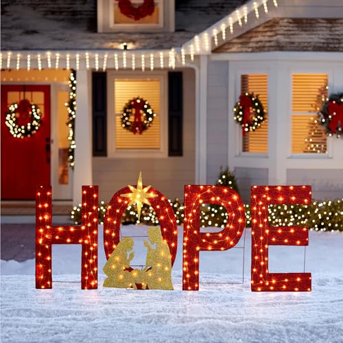 Glitzhome 33''H Lighted Outdoor Hope Christmas Nativity Decor, 4-Piece Pre-Lit Nativity Scence Set with 240 Warm White Lights, Outdoor Holiday Yard Decorations for Home Lawn, Red - color: HOPE