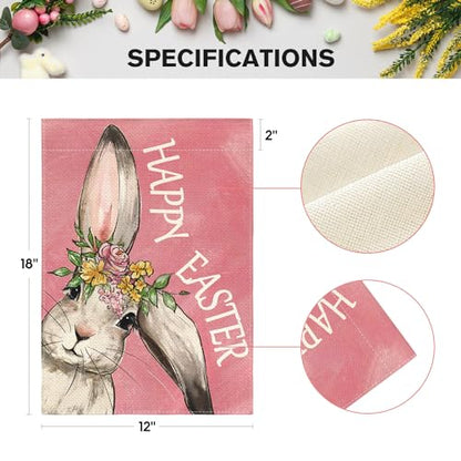 AVOIN colorlife Pink Happy Easter Bunny Garden Flag 12x18 Inch Outside - color: Pink, size: Garden Size-12 x 18"
