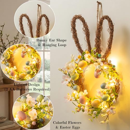 16 Inch Lighted Easter Bunny Wreath for Front Door with Eggs & Flowers, Rabbit Spring Wreath Decoration with LED Lights, Easter Door Wreath for Door, Wall & Window, Easter Decorations