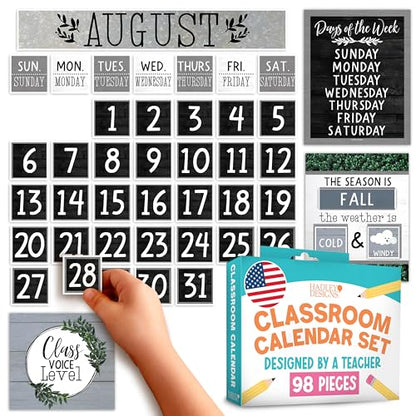 Classroom Calendar Set Bulletin Board Decorations, 98pc School Calendar Set - color: Farmhouse Grey