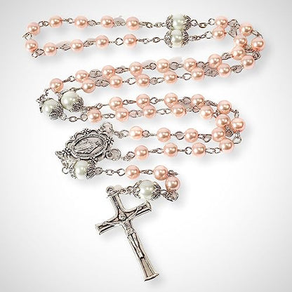 Nazareth Store Pearl Beads Rosary White Our Father Beaded Necklace Lourdes Medal & Cross Crucifix Spiritual Devotion - color: Pink