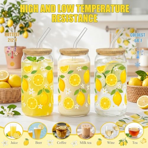 Glass Cups with Lids and Straws, 4Pack, 16oz, Summer - color: Lemon