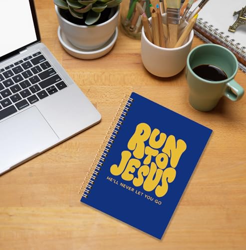 Yellow and Blue Christian Spiral Notebook, Run to Jesus Bible Verse Journal, Religious Scripture Journals for Writing, Bible Notebooks for Note Taking, Church Notes Journal, 5.5x8.3 Inch - color: God-Yellow and Blue