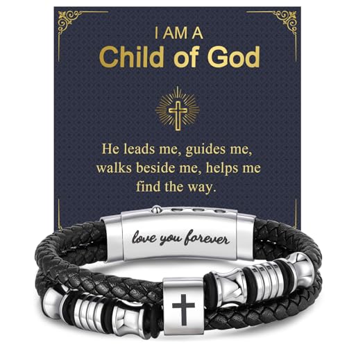 Men's Leather Cross Bracelet - Silver Double Row Braided Leather Cross Bracelet for Men with Inspirational Bible Verse Card, Faith Christian Religious Gift for Husband Son on Baptism Easter Birthday - color: child of god