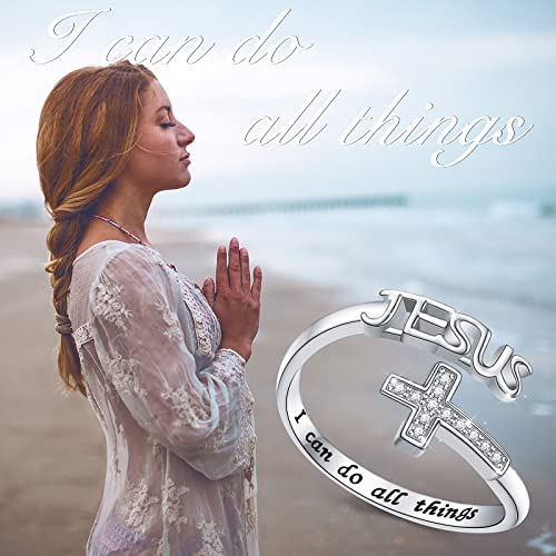 FLYOW Cross Ring 925 Sterling Silver Engraved I Can Do All Things Love of Jesus Cross Ring Religious Jewelry for Women, Size 5-10